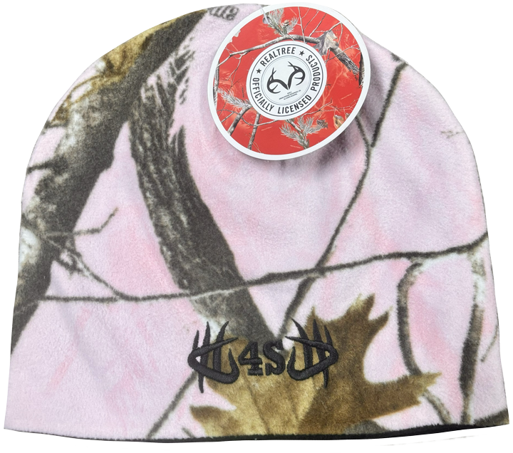 A pink Realtree camouflage pattern beanie with a brand tag on the brim.