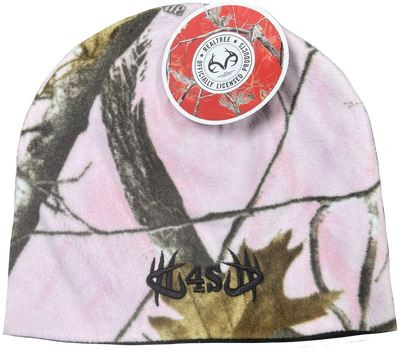 A pink Realtree camouflage pattern beanie with a brand tag on the brim.