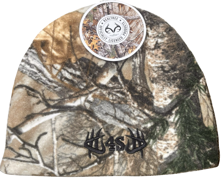 A Realtree camo patterned beanie with a logo on the front.