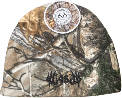 A Realtree camo patterned beanie with a logo on the front.