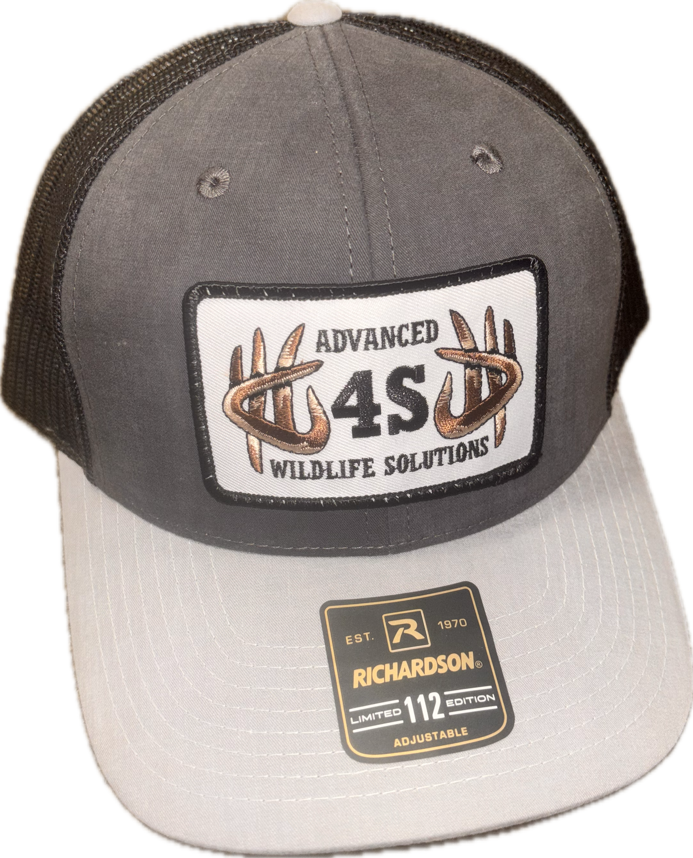 Black and gray cap with 'Advanced 4S Advanced Wildlife Solutions' logos on a white background