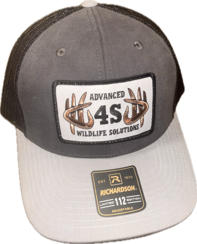 Black and gray cap with 'Advanced 4S Advanced Wildlife Solutions' logos on a white background