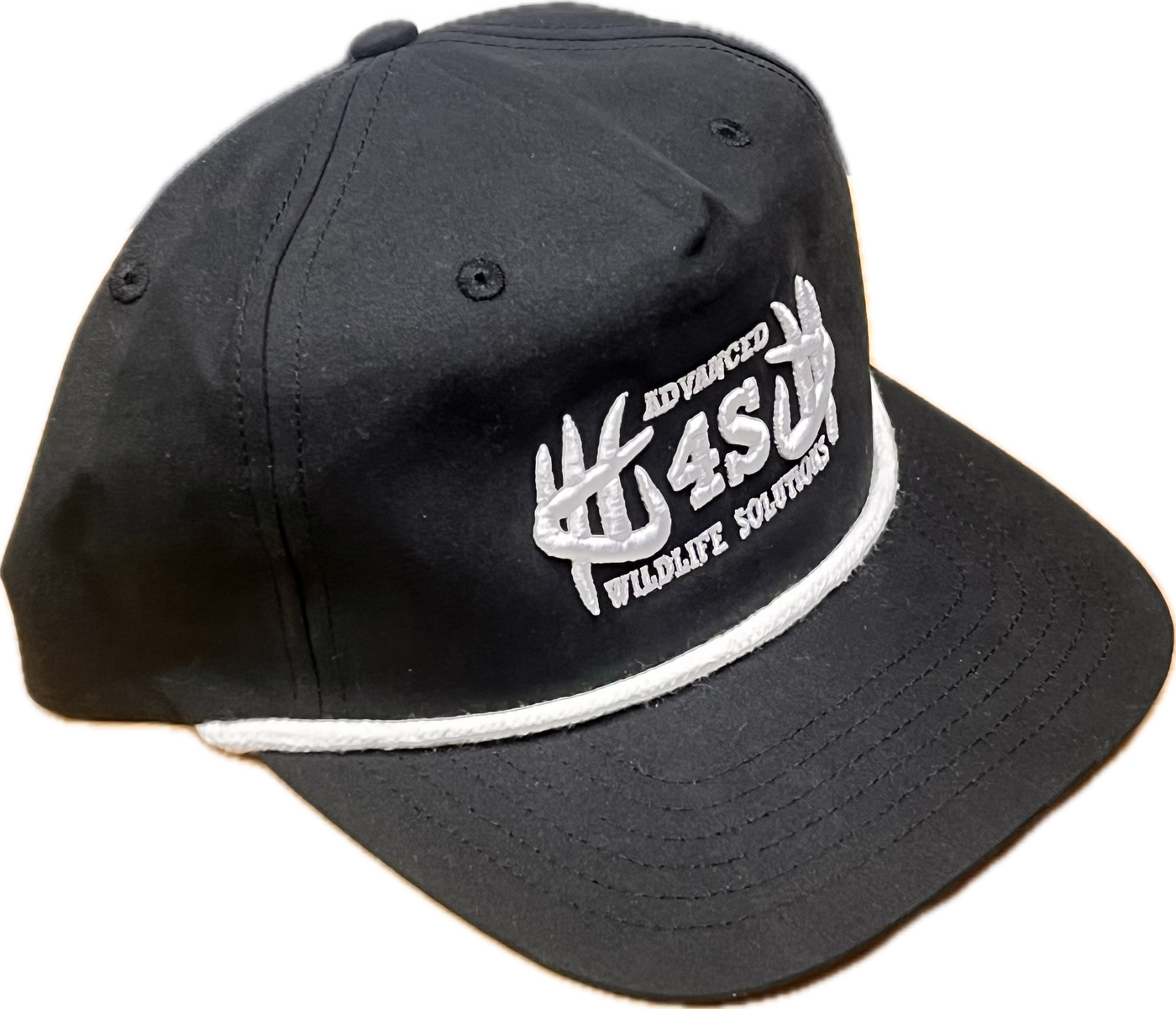 A black baseball cap with an embroidered white logo and a white rope detail around the brim.