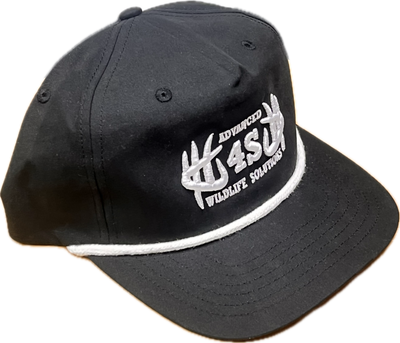 A black baseball cap with an embroidered white logo and a white rope detail around the brim.
