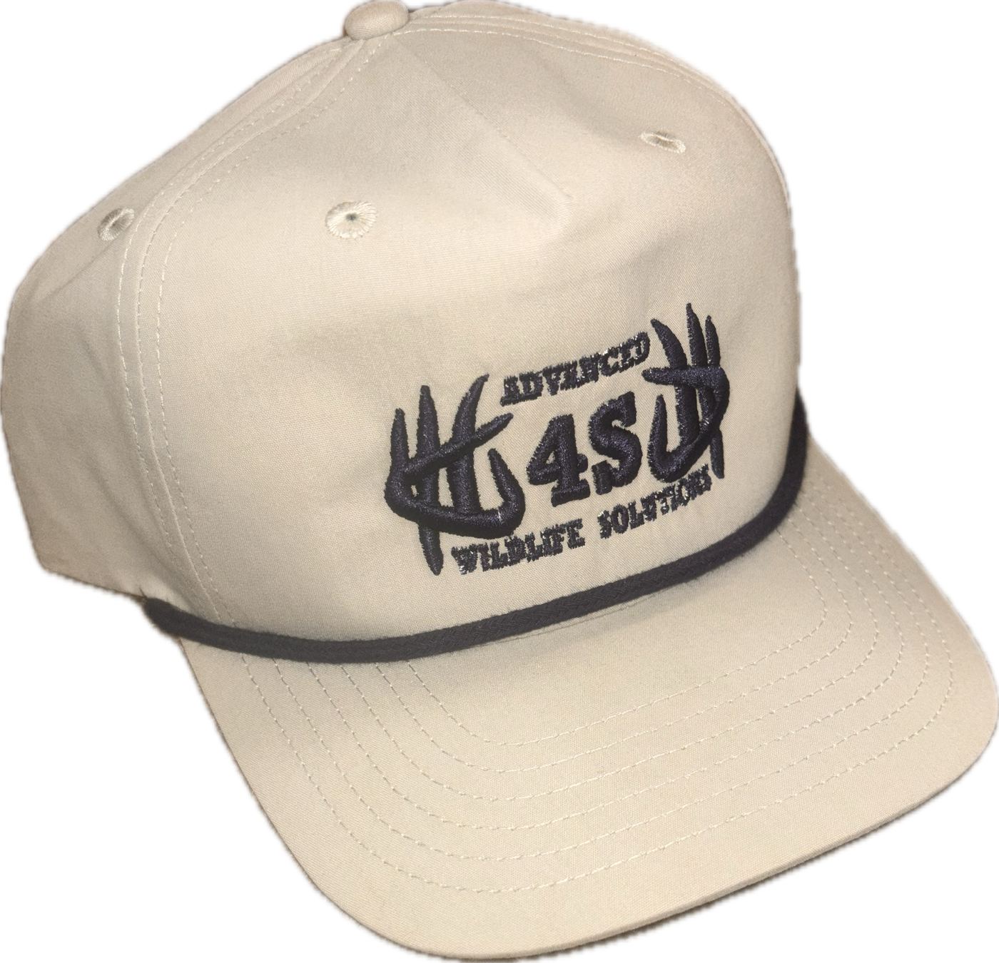 Beige cap with black embroidered logo on a white background