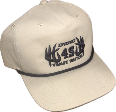 Beige cap with black embroidered logo on a white background