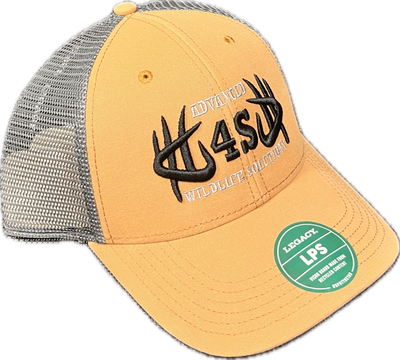 A caramel and dark gray snapback hat with black embroidered logo on the front and 'ADVANCED WILDLIFE SOLUTIONS' text on the front.