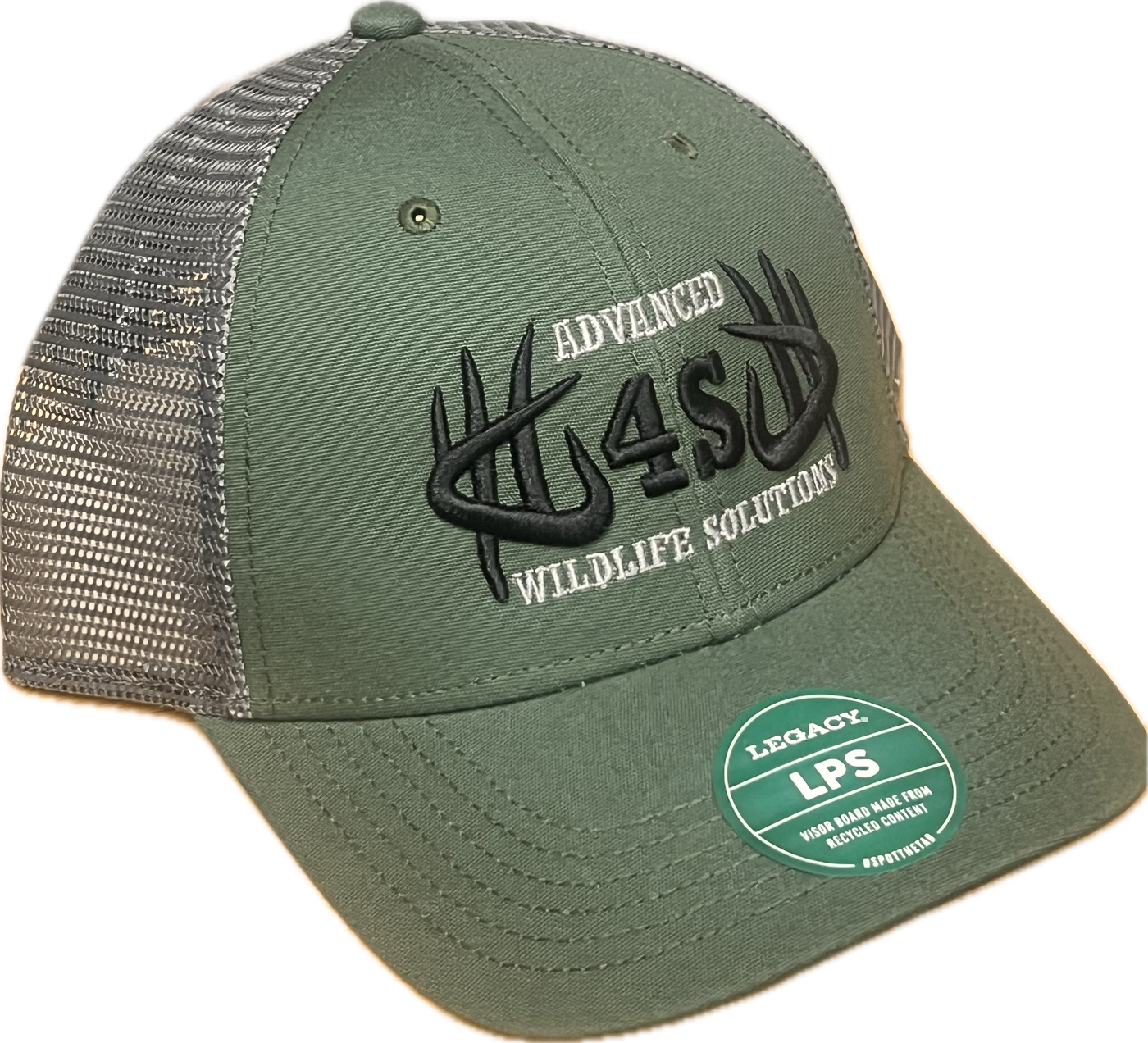 A Legacy Lo-Pro Snapback Hat in dark green and gray with a mesh back, featuring an embroidered logo on the front.