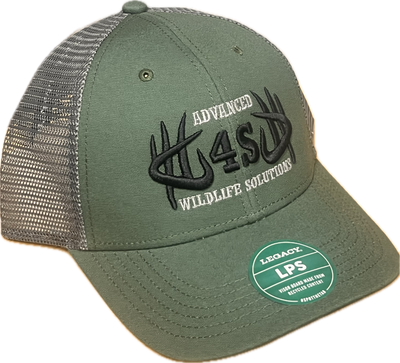 A Legacy Lo-Pro Snapback Hat in dark green and gray with a mesh back, featuring an embroidered logo on the front.