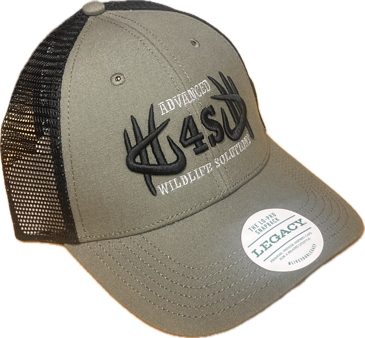 A green olive-colored snapback hat with black embroidered logo and text on the front, and a black mesh back with adjustable snap.