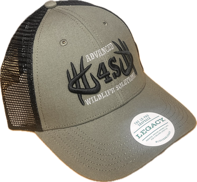 A green olive-colored snapback hat with black embroidered logo and text on the front, and a black mesh back with adjustable snap.