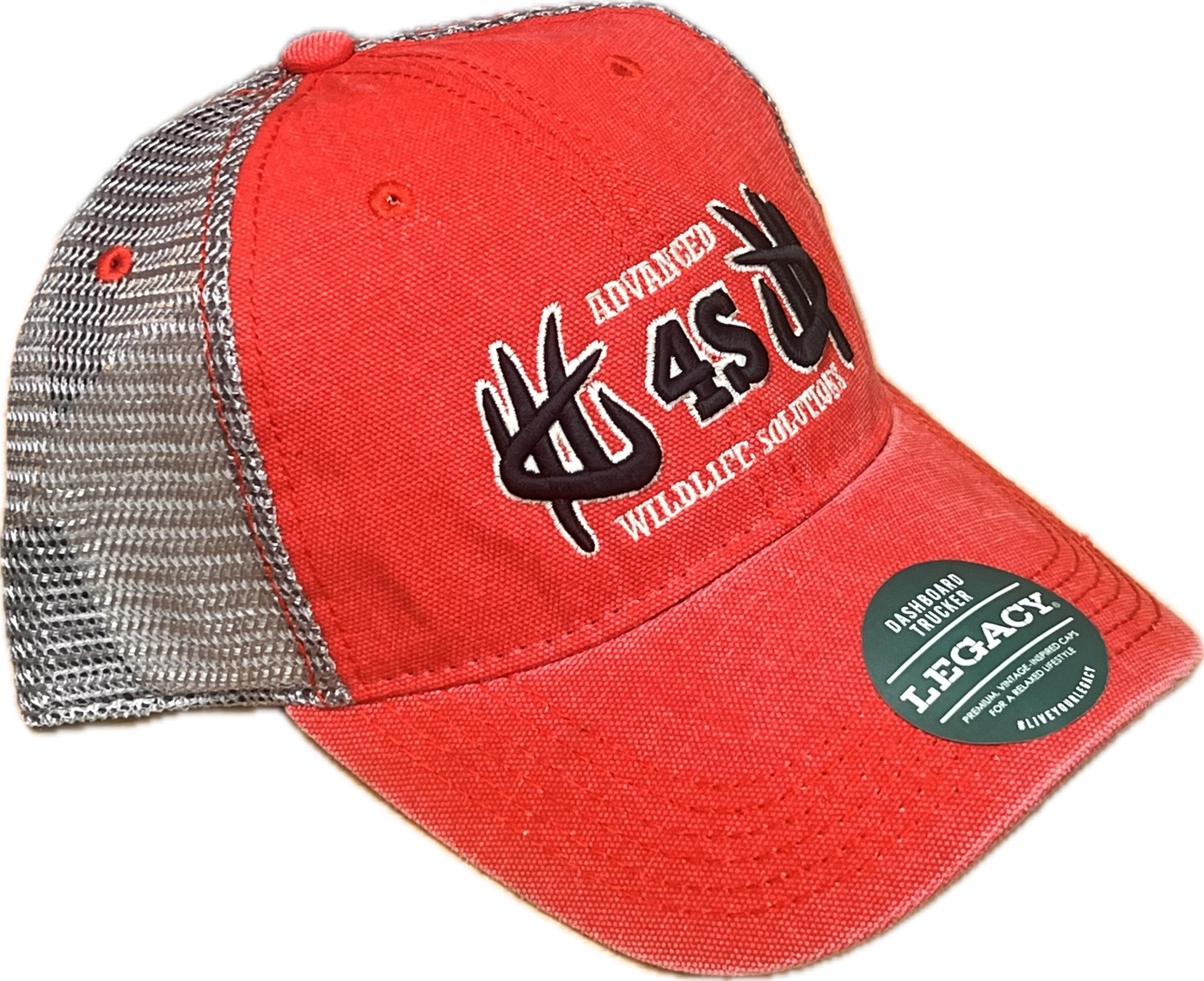 A red and gray trucker hat with black embroidered logo and white trim, featuring 'Advanced Wildlife Solutions' text in white.