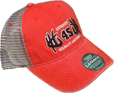 A red and gray trucker hat with black embroidered logo and white trim, featuring 'Advanced Wildlife Solutions' text in white.