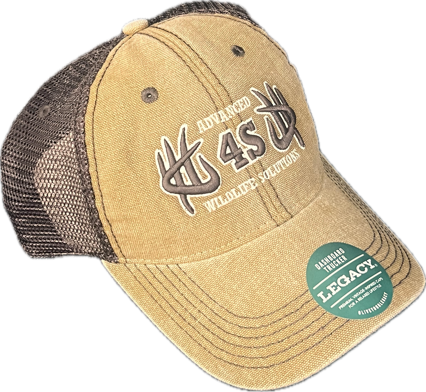 A camel brown trucker hat with '4S' logo in white stitching on the front and a brown mesh back with an adjustable snap closure.