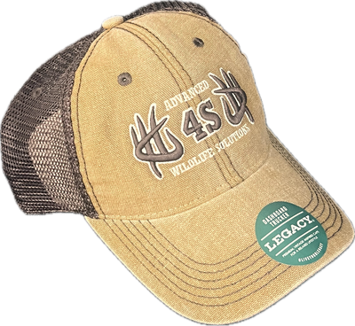 A camel brown trucker hat with '4S' logo in white stitching on the front and a brown mesh back with an adjustable snap closure.