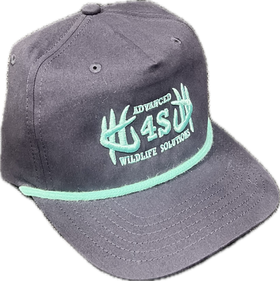 A blue hat with a turquoise embroidered logo and rope detail, structured front, with a solid blue back and adjustable snap.
