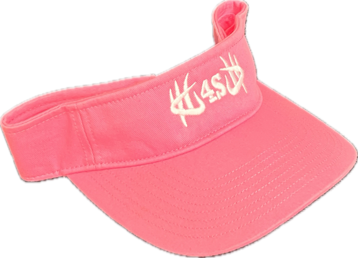 A pink low-profile visor with a white embroidered logo on the front.