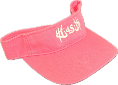 A pink low-profile visor with a white embroidered logo on the front.