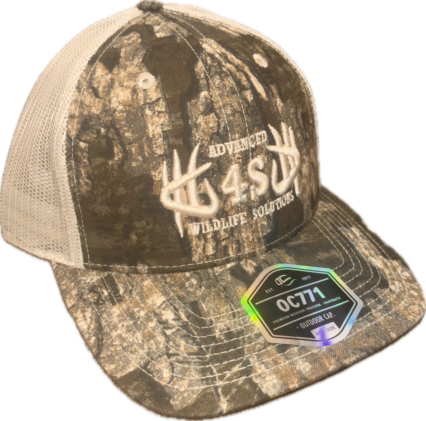 Camouflage cap with a brand logo on a white background