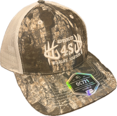Camouflage cap with a brand logo on a white background