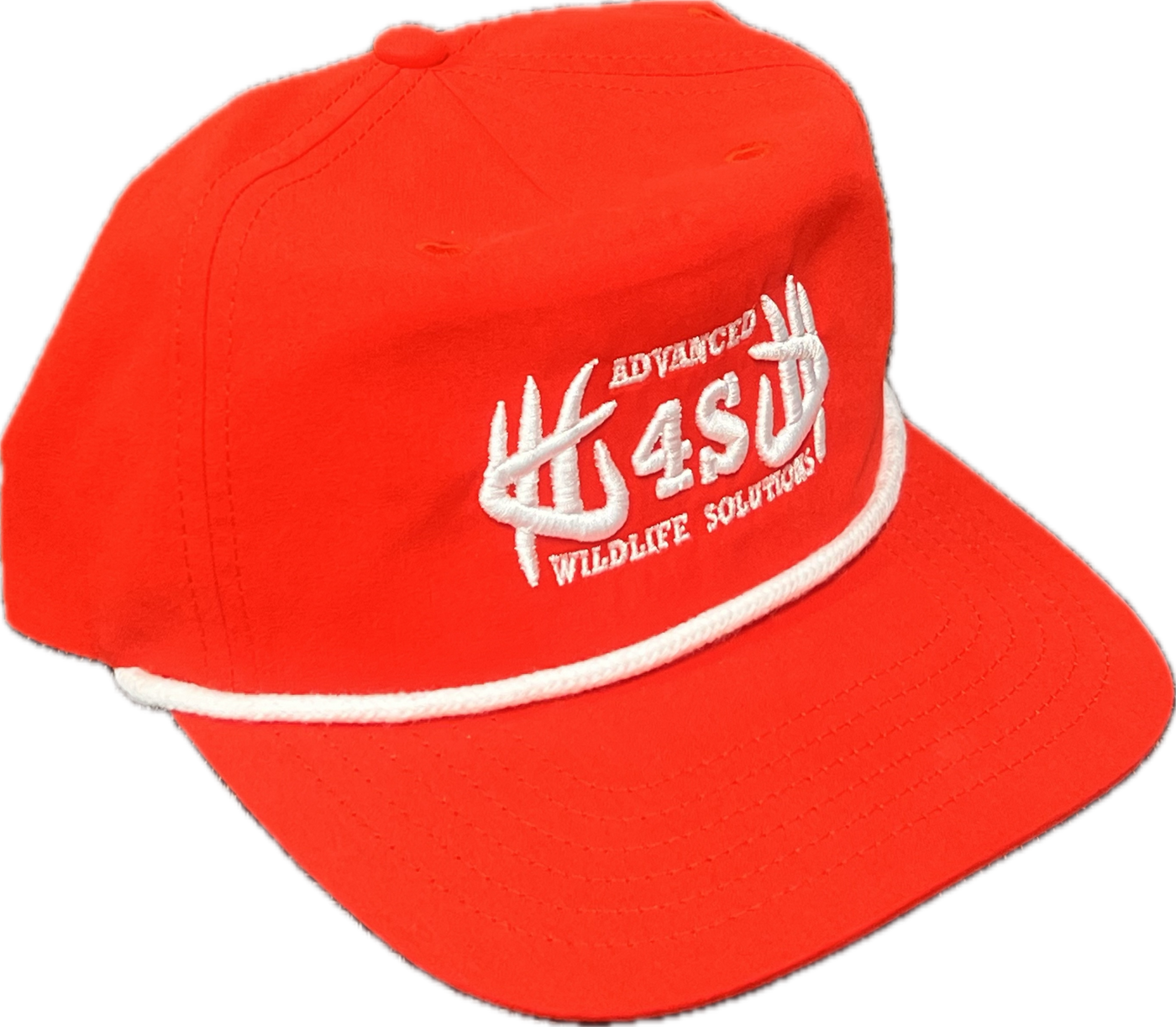 A red hat with a white embroidered logo and rope detail, structured front, solid red back with adjustable snap.