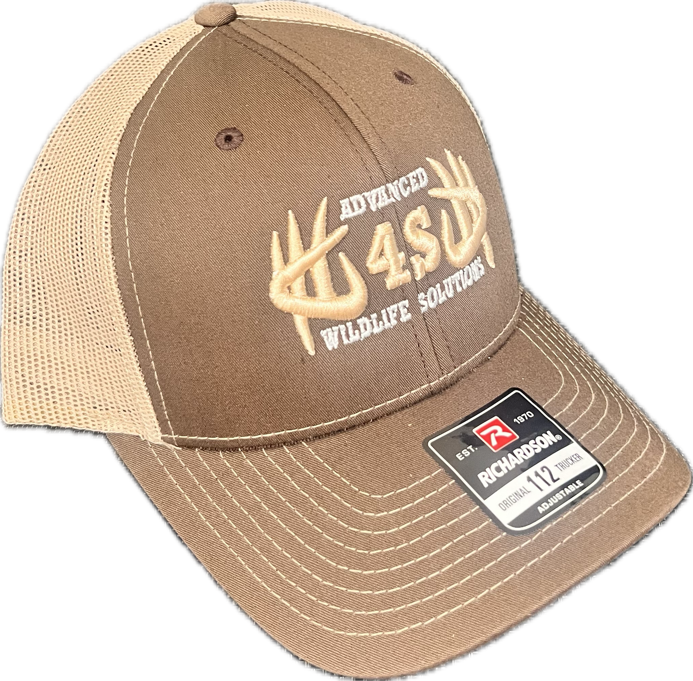 A brown and tan Richardson baseball cap with an embroidered logo on the front.