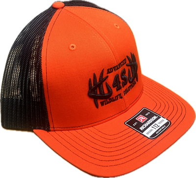A dark orange hat with black mesh back and black embroidered logo.