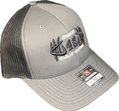 A gray and black structured mesh hat with an embroidered logo on the front.