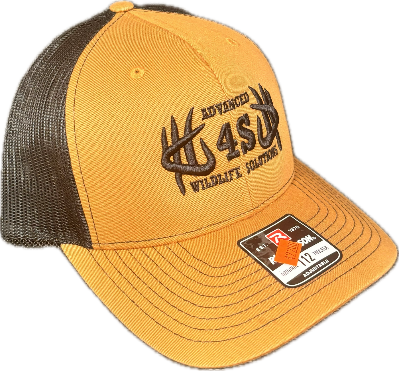 A dark khaki and black mesh hat with black logo embroidery on the front.