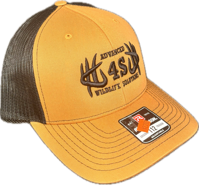A dark khaki and black mesh hat with black logo embroidery on the front.