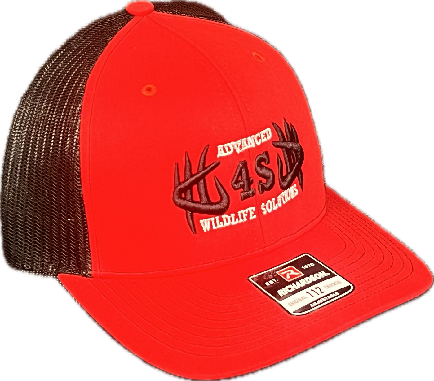 A red and black mesh hat with a black 4S logo and the text 'Advanced Wildlife Solutions' stitched in white.