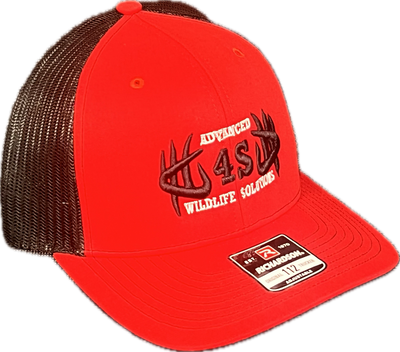 A red and black mesh hat with a black 4S logo and the text 'Advanced Wildlife Solutions' stitched in white.