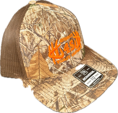A brown mesh back Richardson 112 Realtree Edge cap with an orange logo on the front.