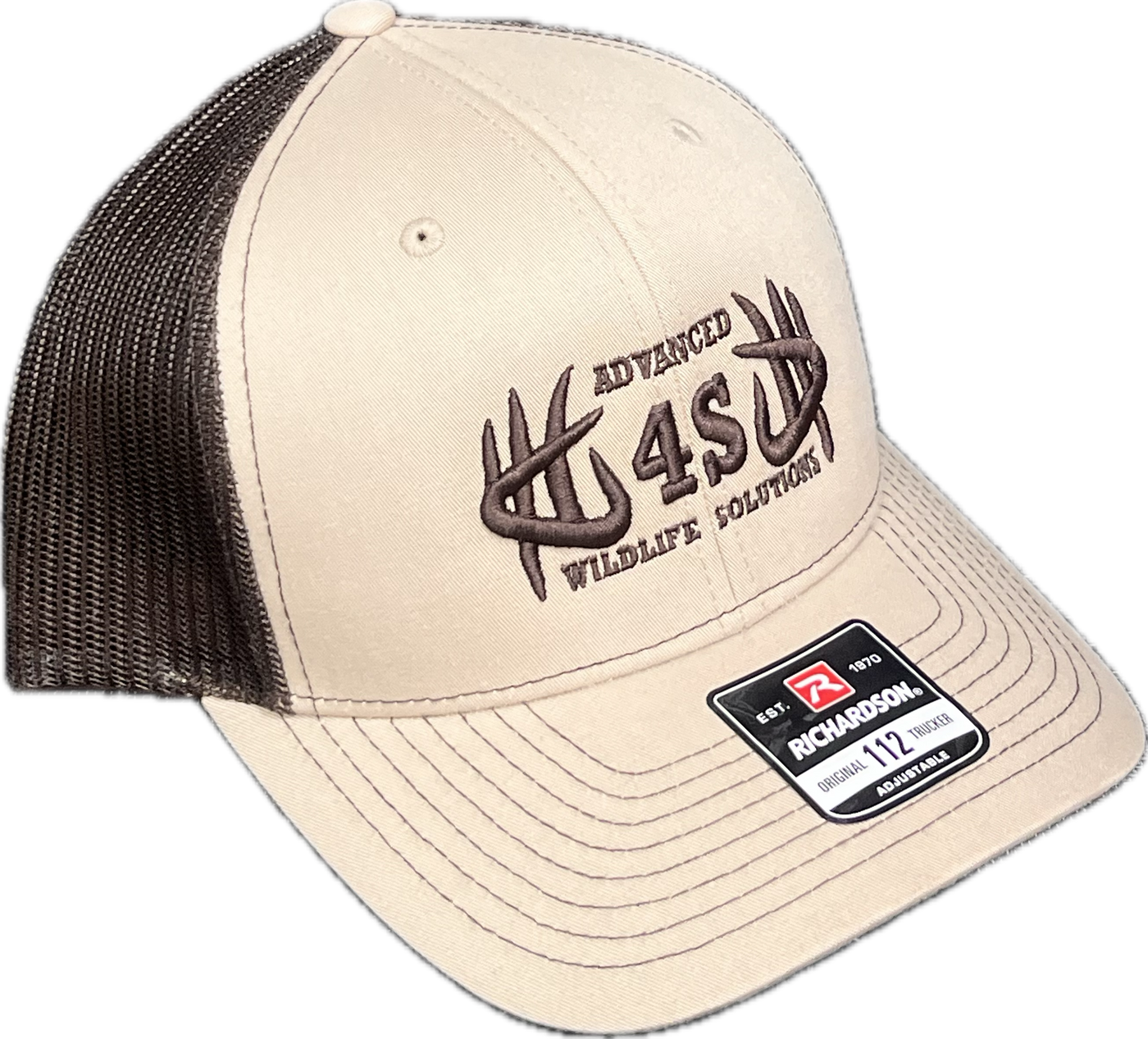 A tan baseball cap with brown mesh back and an embroidered logo on the front.