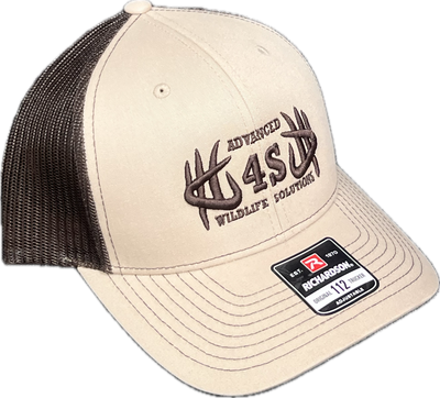 A tan baseball cap with brown mesh back and an embroidered logo on the front.