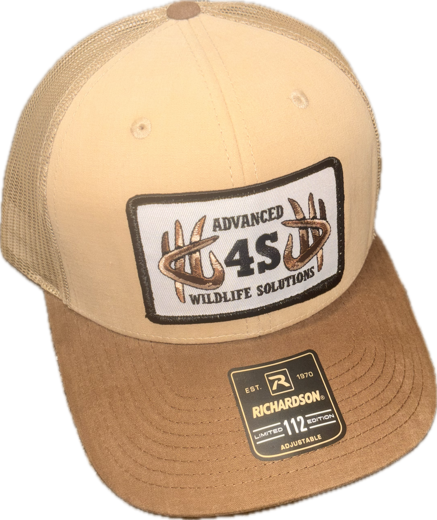 Beige and brown cap with 'Advanced Wildlife Solutions' patch on a white background