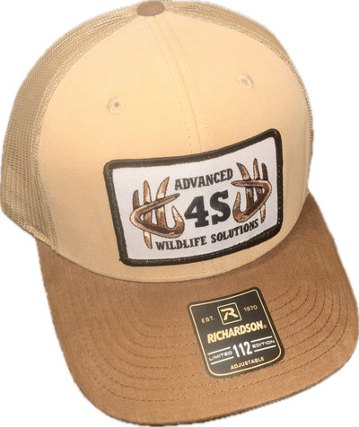 Beige and brown cap with 'Advanced Wildlife Solutions' patch on a white background