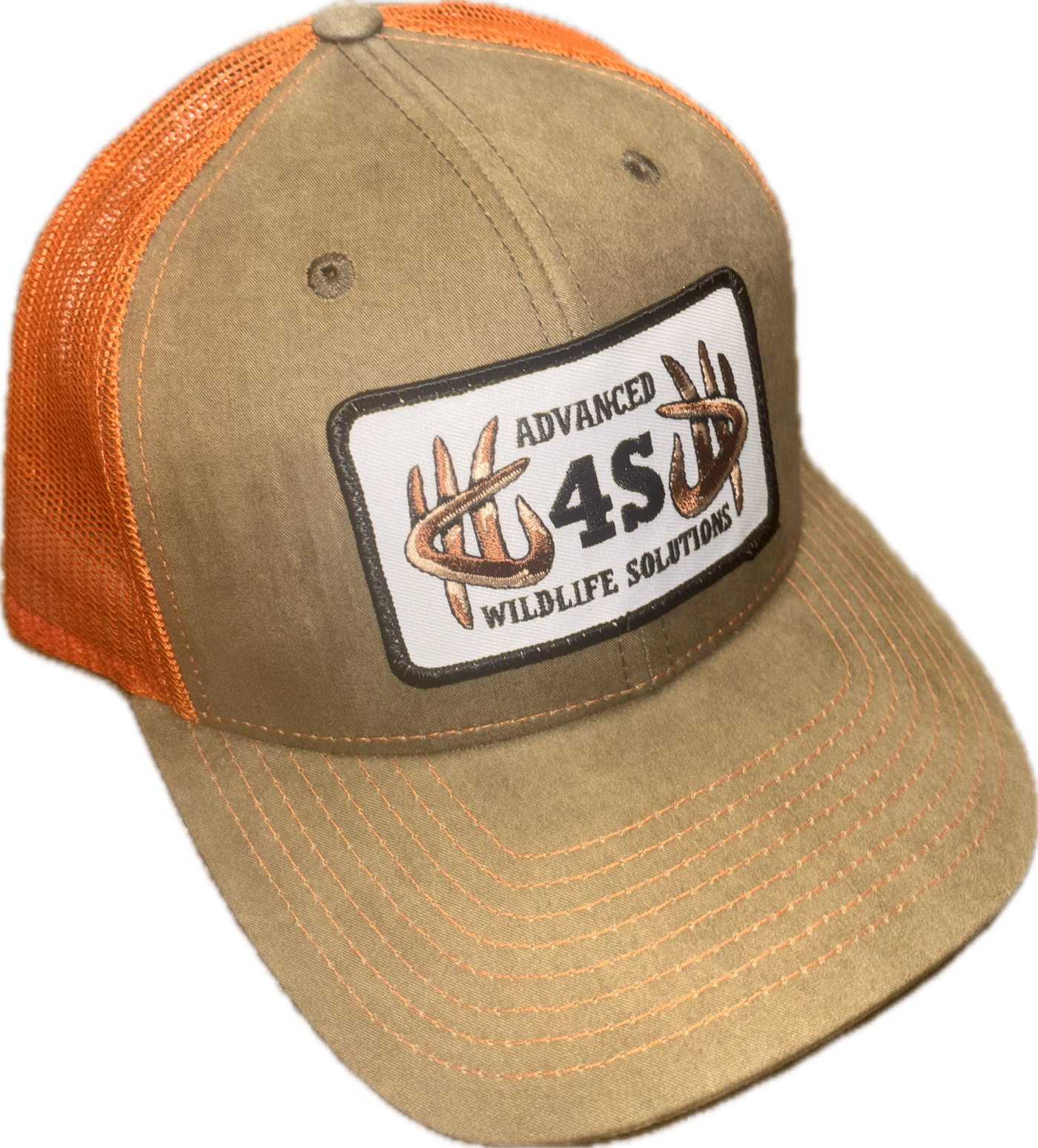 Kaki cap with orange mesh back and 'Advanced Wildlife Solutions' patch on a white background