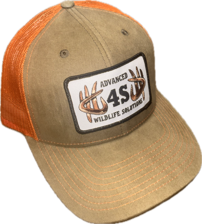 Kaki cap with orange mesh back and 'Advanced Wildlife Solutions' patch on a white background