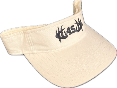 A white low-profile visor with a black embroidered logo on the front, with a Velcro adjustable back.
