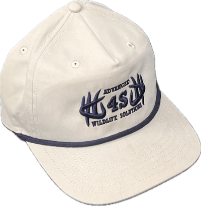 A white cap with a navy blue logo and rope detail on the front.