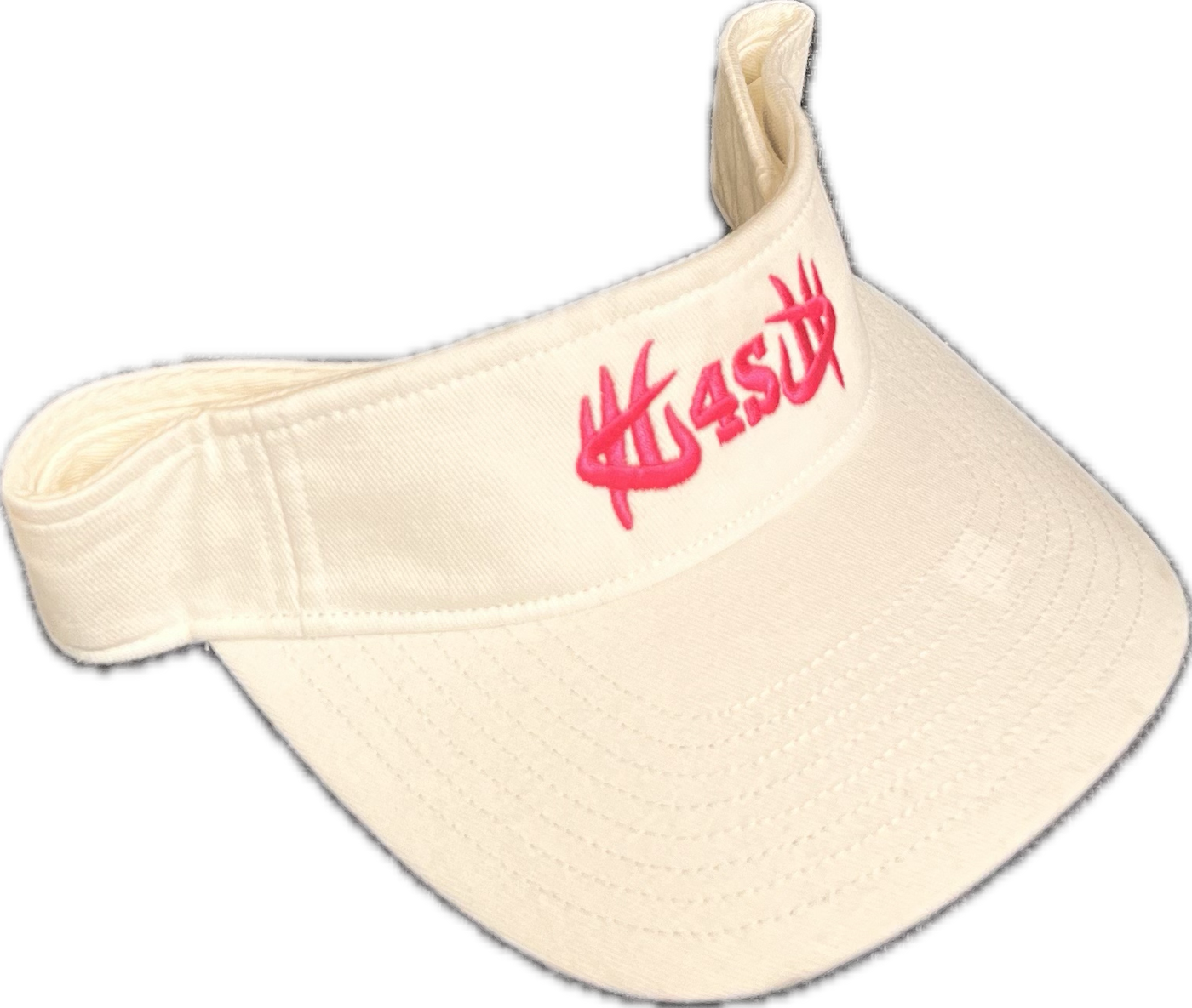 A white low-profile visor with a pink embroidered logo, featuring a Velcro adjustable back.